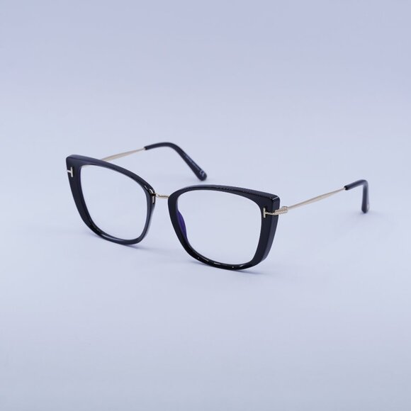 Tom Ford FT5816-B 001 Eyeglasses Shiny Black/Gold 53mm Cat Eye Frame - Picture 1 of 10
